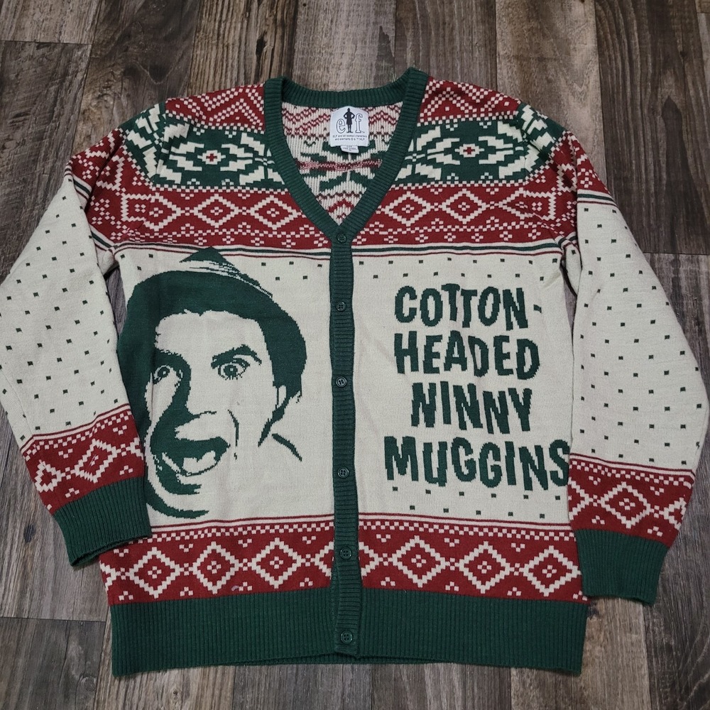 Buddy The Elf Christmas Cardigan Size Medium "Cotton Headed Ninny Muggins"